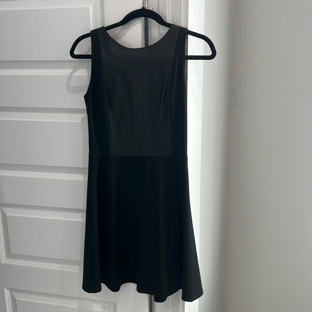 Banana republic black fit and flare dress with leather panel